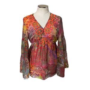 Boston Proper Beaded Long Sleeve Boho Blouse in Multicolor Leopard Print Small